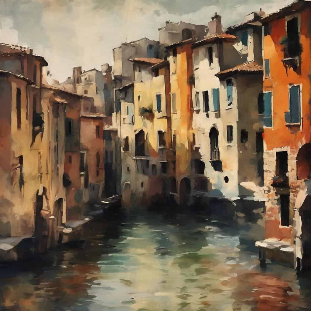 Ζωγραφική με εστίαση στην τέχνη ως μέσο έκφρασης και επικοινωνίας, εικόνα πολύχρωμων παλιών κτιρίων δίπλα σε κανάλι.