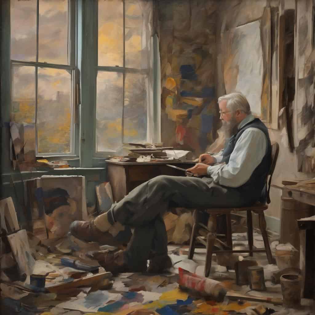 Ζυγός άνδρας ζωγραφίζει στο εργαστήριο, μέσα σε ατμόσφαιρα δημιουργικότητας και τέχνης.