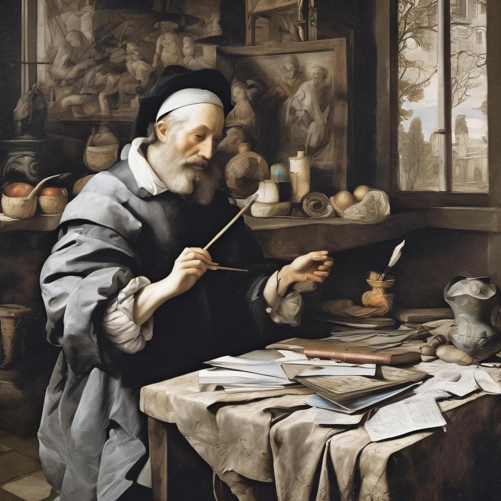 Καλλιτέχνης με πινέλο και καμβά, τέχνη, έκφραση, επικοινωνία, ιστορική ζωγραφική, δημιουργικότητα, διαχρονική τέχνη, έργο τέχνης, καλλιτεχνική έμπνευση, μεσαιωνική ατμόσφαιρα.