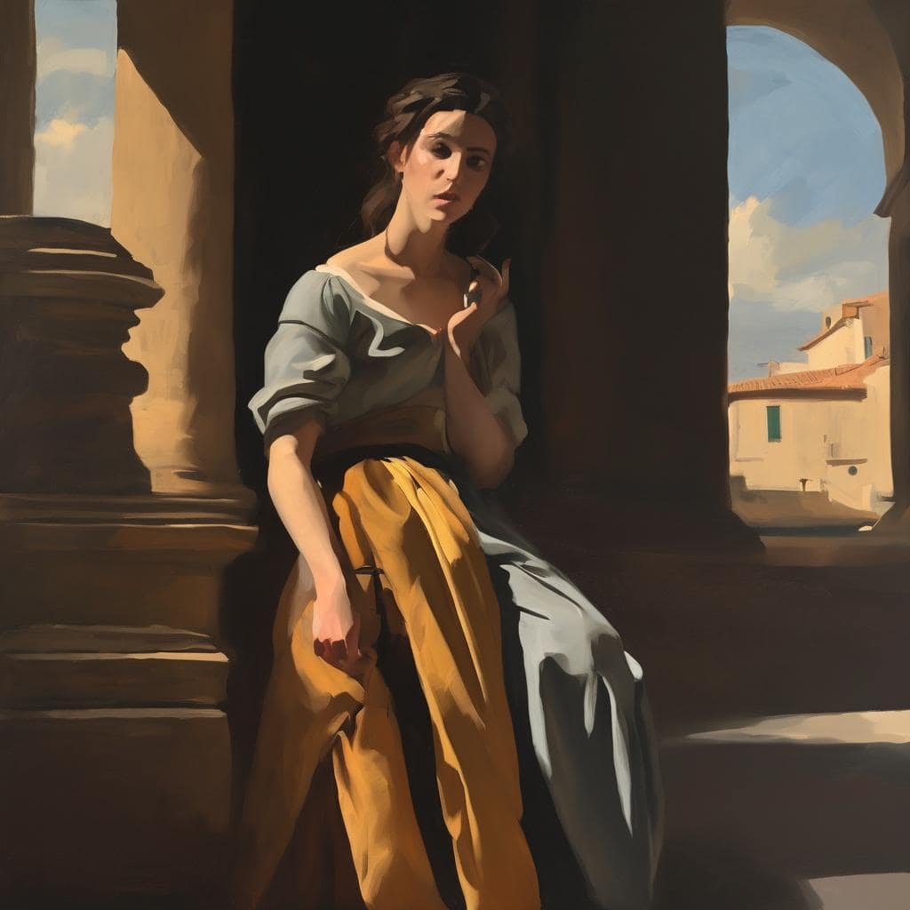 Ανθρώπινη φιγούρα σε πίνακα με ρεαλιστικό στυλ, αρχοντική ατμόσφαιρα, τέχνη και έκφραση μέσω ζωγραφικής.