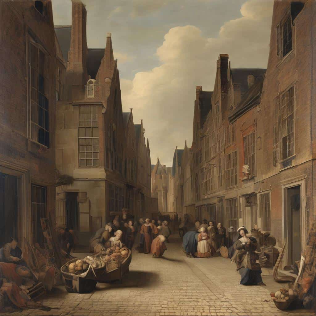 Γραφικό αστικό σκηνικό με ανθρώπους, τέχνη και πολιτισμό σε παλιά πόλη.